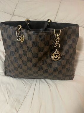 Michael Kors Brown Checkered Tote with Gold MK Charm